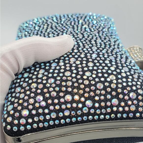 Black Clutch Bag Crystal Aurora Borealis Sparkle Silvertone Strap #551 - Picture 13 of 16